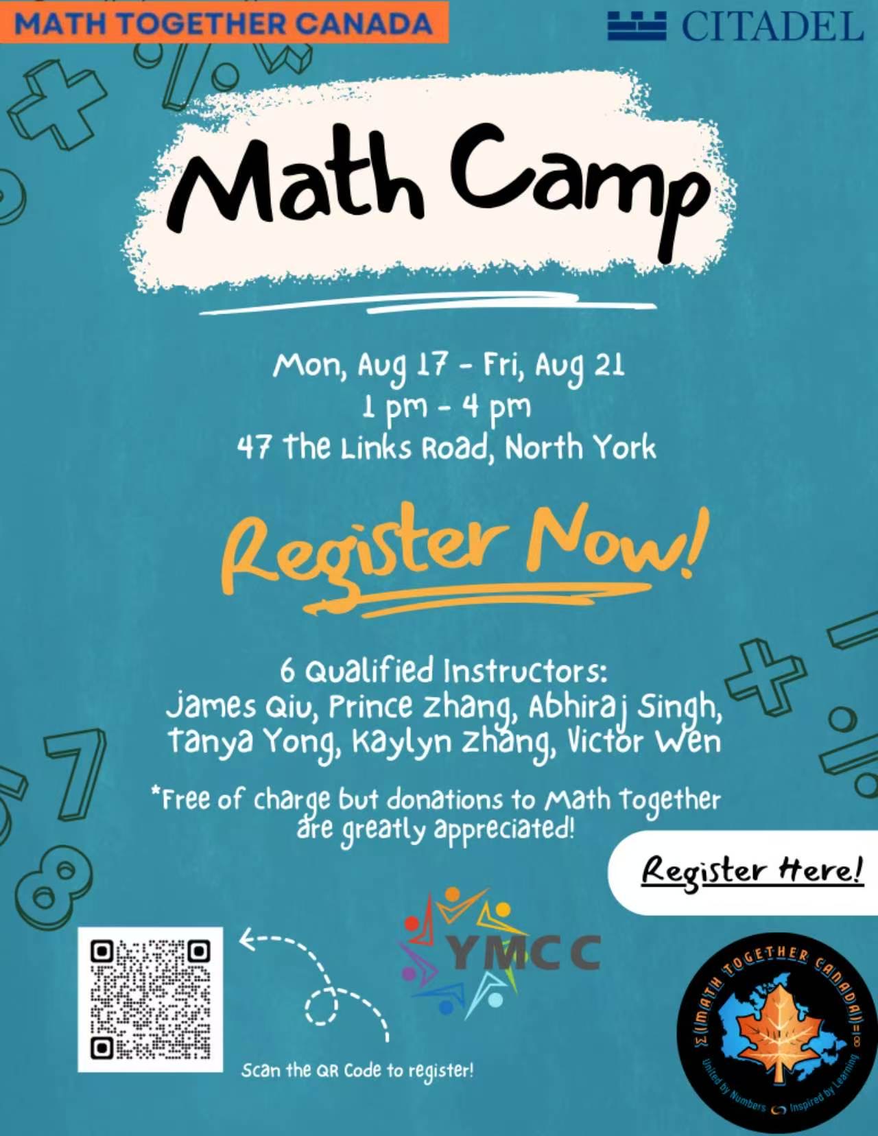 Math Camp poster: Aug 17–21, 1–4 pm, 47 The Links Road, North York